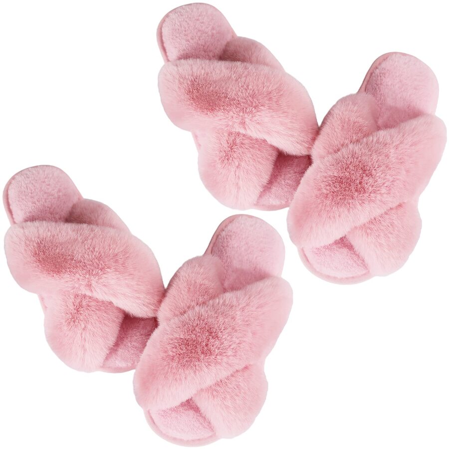 1/2 Pairs Women Slippers Fluffy Slippers Memory Foam Cross Band Furry Open Toe Slippers Cozy Plush Home Shoes Indoor Outdoor Anti-Slide Slipper - 粉色 - 2對 - 查看 1