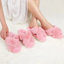 1/2 Pairs Women Slippers Fluffy Slippers Memory Foam Cross Band Furry Open Toe Slippers Cozy Plush Home Shoes Indoor Outdoor Anti-Slide Slipper - 粉色 - 2對 - 查看 7