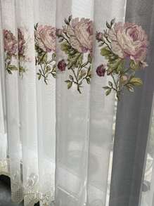 1件高档刺绣花卉薄纱窗帘，现代欧式奢华优雅风格，适用于卧室、客厅、阳台 - 米色 - 查看 7