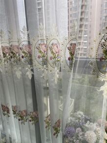 1件高档刺绣花卉薄纱窗帘，现代欧式奢华优雅风格，适用于卧室、客厅、阳台 - 米色 - 查看 9