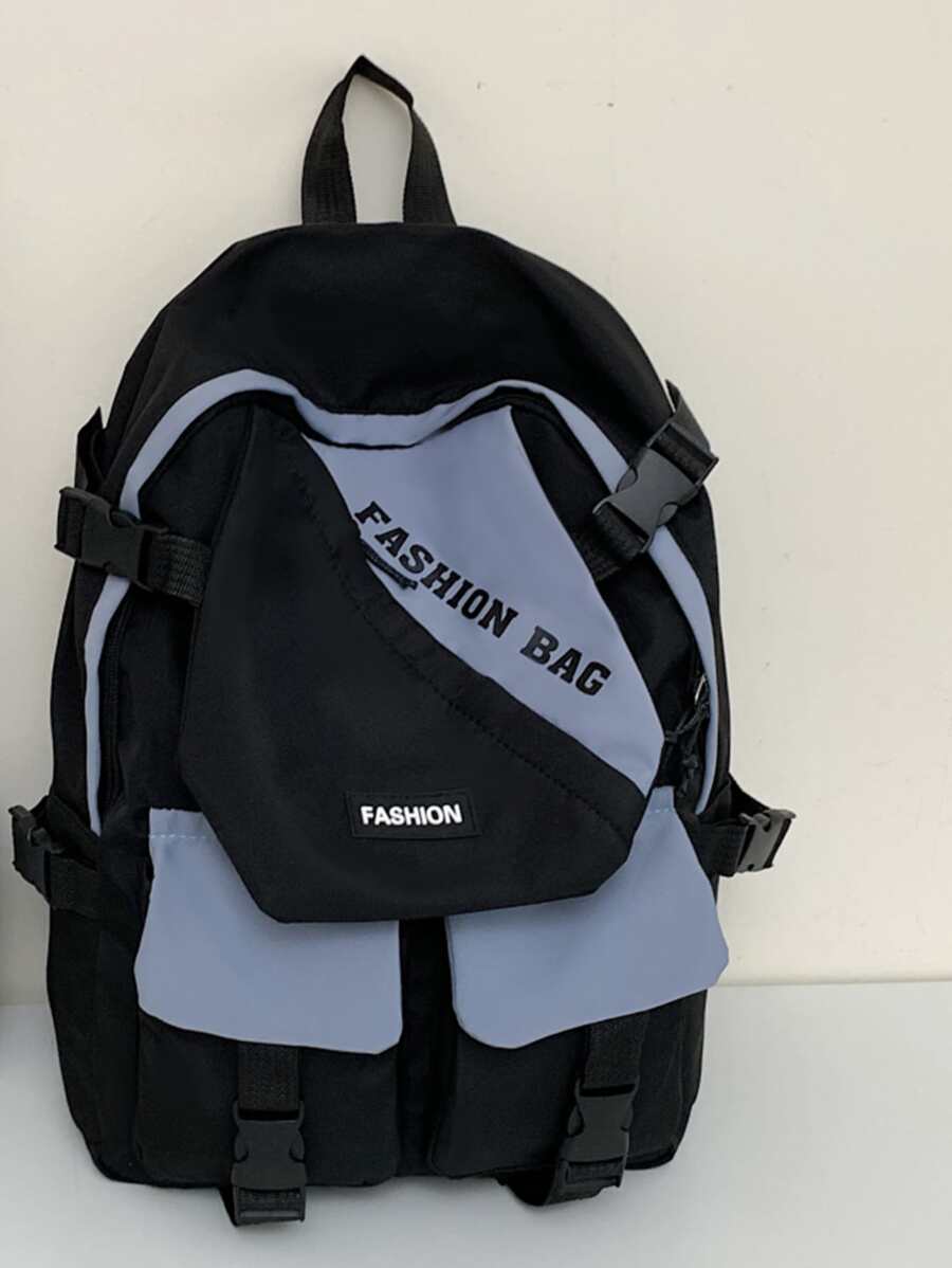 Children's Color-block Large Capacity College Style Zipper Backpack With Multiple Pockets, Suitable For Student's Daily Life And Travel - Black - View 1