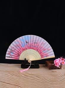 Abanico de seda plegable con decoración de flecos, accesorio tradicional chino clásico portátil para el disfraz, 1 pieza de patrón aleatorio en color rosa, mejor para regalo