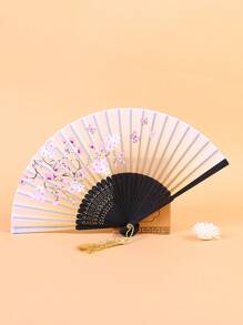 Abanico de seda plegable con decoración de flecos, accesorio tradicional chino clásico portátil para el disfraz, 1 pieza de patrón aleatorio en color rosa, mejor para regalo