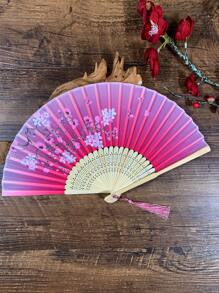 Abanico de seda plegable con decoración de flecos, accesorio tradicional chino clásico portátil para el disfraz, 1 pieza de patrón aleatorio en color rosa, mejor para regalo