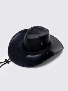 西部牛仔帽，英倫騎士風格時尚 PU 皮革頂帽適合戶外活動 - 黑色 - 查看 1