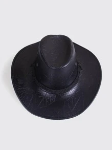 西部牛仔帽，英倫騎士風格時尚 PU 皮革頂帽適合戶外活動 - 黑色 - 查看 2