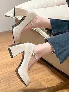 Thick-soled Chunky Heel Women's High Heels Shoes For Fashionable Casual Daily Wear In Spring And Autumn - Beige - View 3