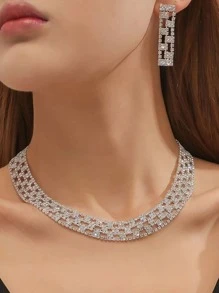 1 套简约镂空几何项链套装白色水钻
