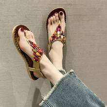 Women's Flat Sandals With Beaded Decoration And Open Toe In Beige - Beige - View 2