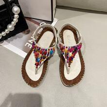 Women's Flat Sandals With Beaded Decoration And Open Toe In Beige - Beige - View 3
