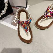 Women's Flat Sandals With Beaded Decoration And Open Toe In Beige - Beige - View 4