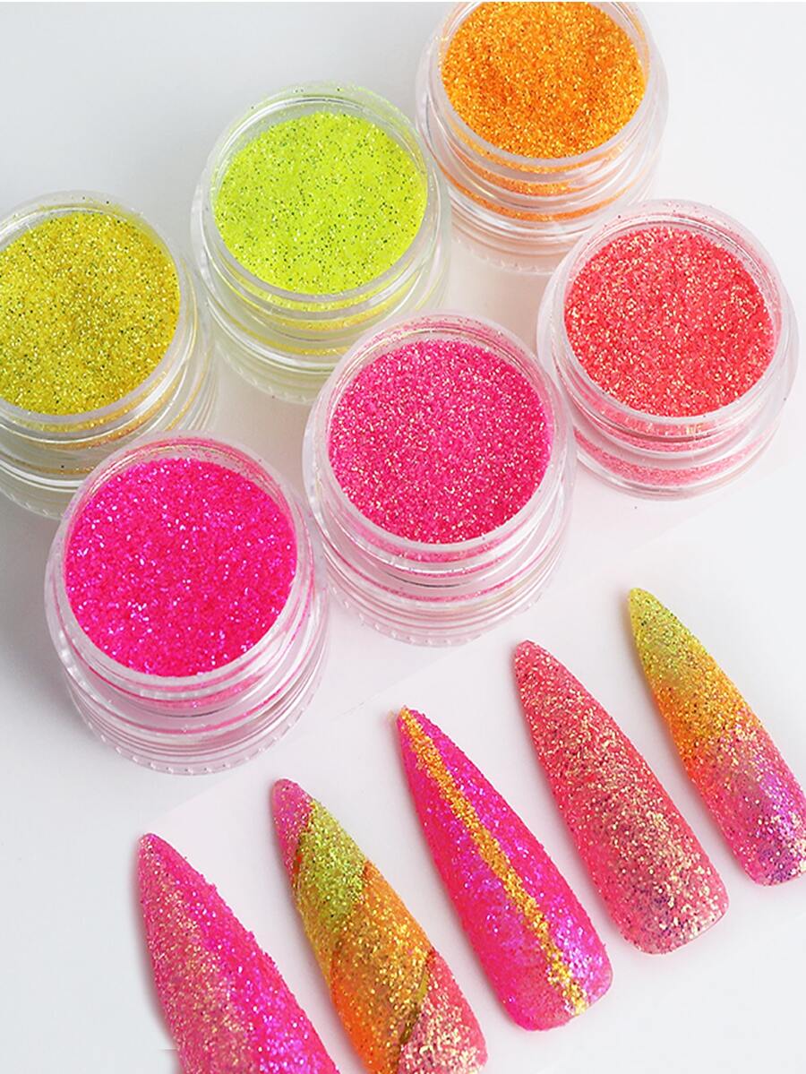 6 件套荧光羊毛粉糖效果闪光指甲彩粉 - 彩色 - 查看 1