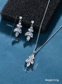 3pcs/set Cubic Zirconia Leaf Decor Jewelry Set - Silver - View 3