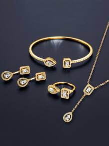 rakol 5入組/套時尚&豪華方晶鋯石裝飾的女性婚禮或者派對首飾套裝 - 金黃色 - 查看 2