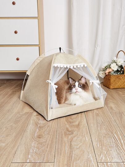 1pc Beige Open-Style Mesh Pet Tent With Fiber Band, Suitable For Indoor Cats Puppy Keep Dog Bed Cat Bed Easy To Clean