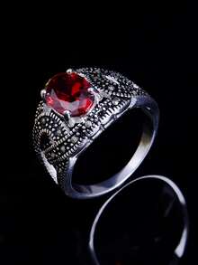 1入組豪華&華麗925純銀復古銀鑲嵌發亮的紅色的方晶鋯石多尺寸中性圓環,禮品適合男人及女人