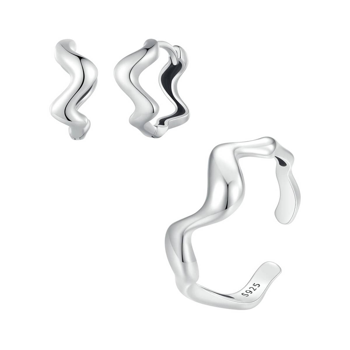 1套裝100%925純銀簡約風波浪圓環耳環適合女士精細的婚禮耳環原始925 銀首飾套裝 - 銀色 - 查看 1