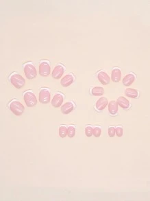 24片美甲贴片，法式短方形美甲款式，简约撞色图案，包含1个指甲锉和1瓶果冻胶，可爱心形贴片，美甲用品 - 彩色 - 查看 3