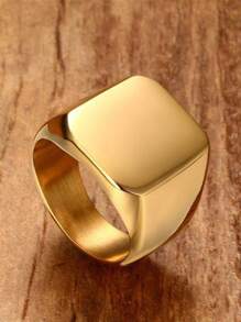 1入組時尚男士圓環,簡約風素色方形硬質合金圓環,週年紀念日結婚戒指,男士圓環,首飾類禮品 - 金黃色 - 查看 2