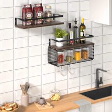 TAIMASI Floating Shelves, Bathroom Shelves Over Toilet With Wall Decor Sign, Wood Wall Shelves With Protective Metal Guardrail & Paper Storage Basket For Bathroom, Bedroom, Living Room, Kitchen - Great For Christmas, New Year's, Valentine's Day, And Housewarming Gifts - 黑胡桃 - 查看 7