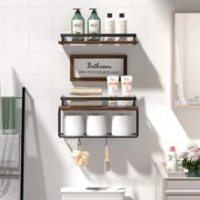 TAIMASI Floating Shelves, Bathroom Shelves Over Toilet With Wall Decor Sign, Wood Wall Shelves With Protective Metal Guardrail & Paper Storage Basket For Bathroom, Bedroom, Living Room, Kitchen - Great For Christmas, New Year's, Valentine's Day, And Housewarming Gifts - 黑胡桃 - 查看 2
