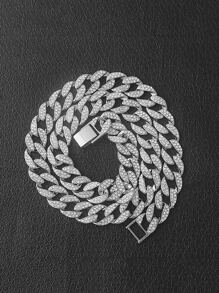 CVNANA 1pc Hip Hop Style Chain Necklace With Inlaid Rhinestones, 15mm Wide, Unisex, Can Also Be Used As A Bracelet - Silver - View 1