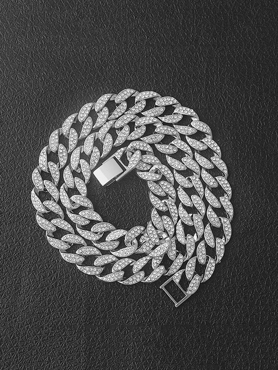CVNANA 1pc Hip Hop Style Chain Necklace With Inlaid Rhinestones, 15mm Wide, Unisex, Can Also Be Used As A Bracelet - Silver - View 1