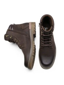 SHOESMALL Mens Boots Premium Leather Fashion Zipper Casual Boots Hiking Chukka Boots for Men - 巧克力棕 - 查看 4