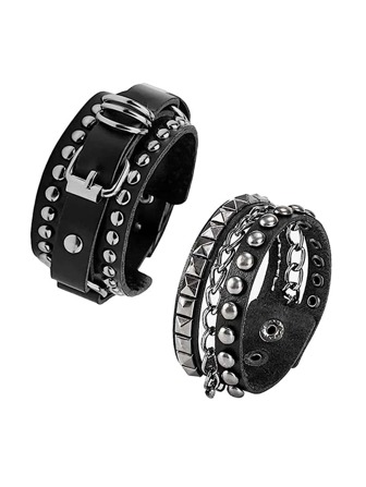 2入組朋克風格皮革開口手鐲復古搖滾腕帶圍裹