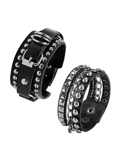 2個 パンクスタイル レザー レトロ ロック リストバンド ラップ カフブレスレット