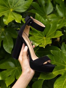 Women High Heel Chunky Block Platform Heels Buckle Decor Ankle Strap Open Toe Chunky Heeled Sandals, Perfect For Autumn Party, Wedding, Prom Night - màu đen - Xem 8