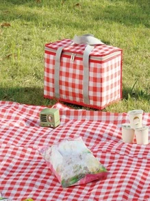 1 Thảm dã ngoại ngoài trời họa tiết kẻ sọc chống nước & 1 Túi dã ngoại - Đỏ và trắng - Xem 1