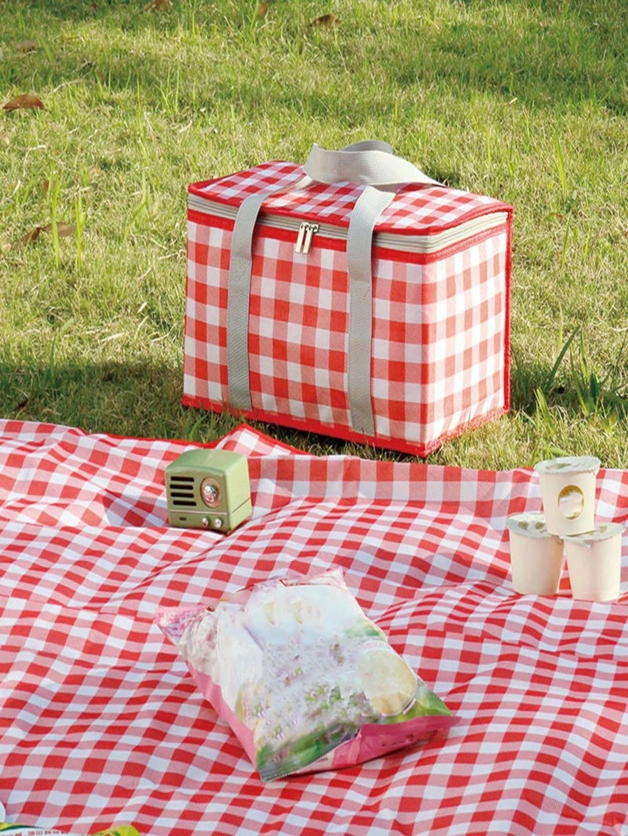 1 Thảm dã ngoại ngoài trời họa tiết kẻ sọc chống nước & 1 Túi dã ngoại - Đỏ và trắng - Xem 1