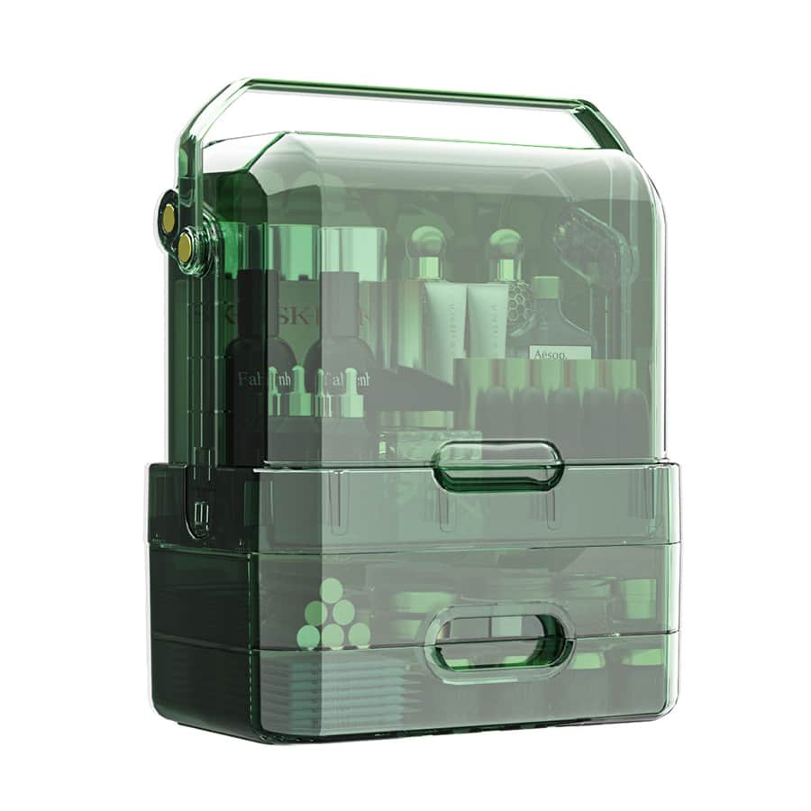 Transparent Large Capacity Desktop Storage Display Shelf Makeup Organizer With Drawer & Flip Cover, Dustproof Skincare Storage Box - Green - View 1