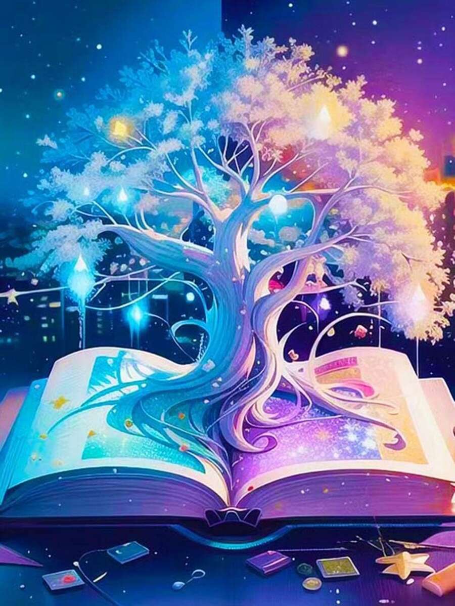 1 set Pintura diamante con árbol con Libro patrón - Albaricoque - Ver 1