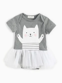 女嬰卡通圖案網紗拼接拼接連體衣 - 灰色 - 查看 2