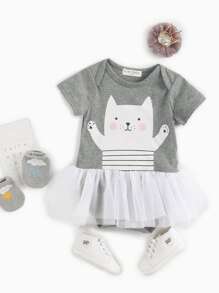 女嬰卡通圖案網紗拼接拼接連體衣 - 灰色 - 查看 1