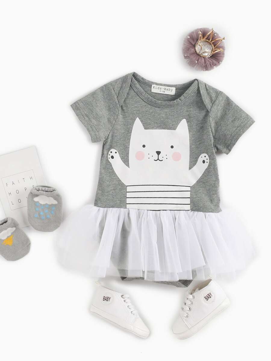 女嬰卡通圖案網紗拼接拼接連體衣 - 灰色 - 查看 1