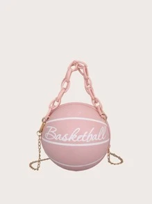 1pc Mini Girls' Basketball-Shaped Bag With Letter Decor, Suitable For Daily Use As A Handbag Or Crossbody Bag - Pink - View 1