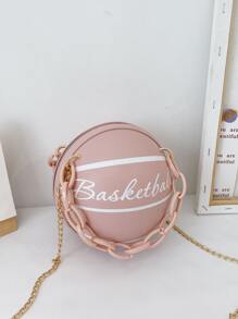 1pc Mini Girls' Basketball-Shaped Bag With Letter Decor, Suitable For Daily Use As A Handbag Or Crossbody Bag - Pink - View 5