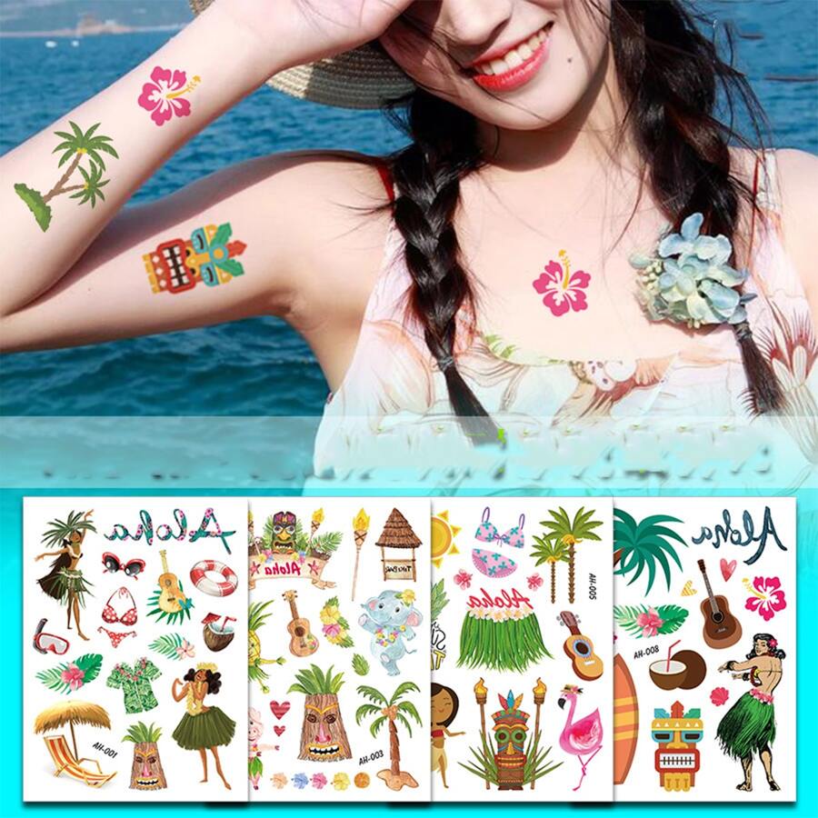 Fashionable Hawaiian Party Temporary Tattoo Sticker, Summer Flower Tattoo Sticker Decal For Party, 1 Sheet - Multicolor - View 1