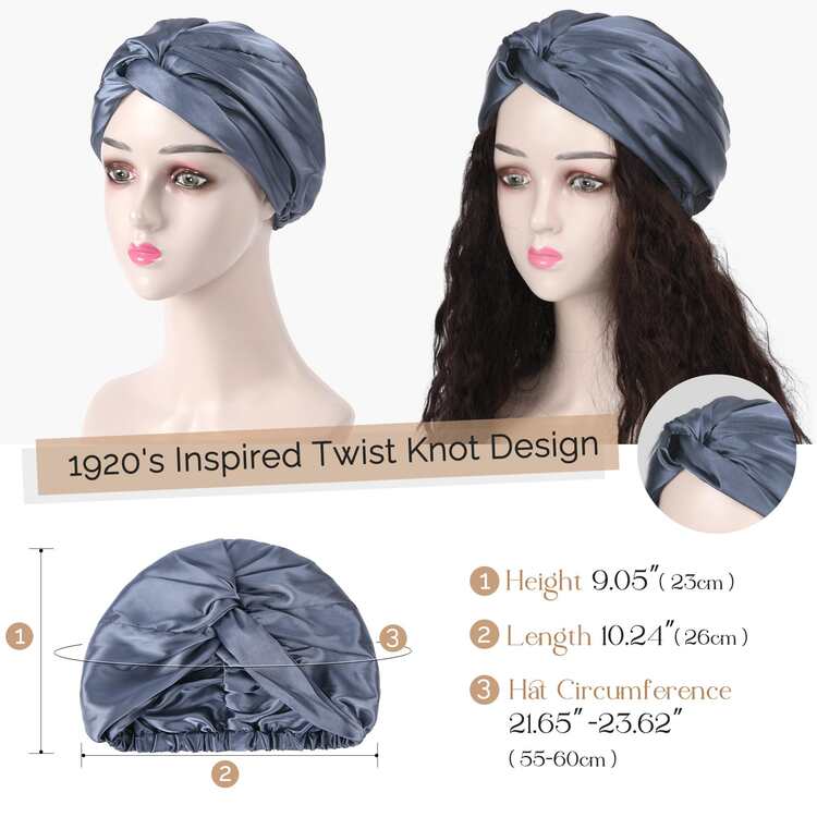 YANIBEST Satin Bonnet Silk Bonnet Sleep Cap for Women Hair Care Adjustable Knotted Turban Hat for Curly Natural Hair - 霧霾藍 - 查看 5