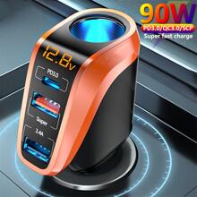 Letter Graphic 66W 90W Digital Display 4 In 1 Car Fast Charger With Lighter - Beige - View 1