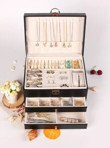 带锁的三层珠宝盒，用于项链、戒指、耳环展示的珠宝收纳盒 - 黑色 - 查看 2