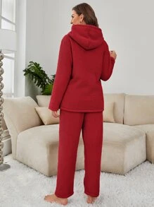 Solid Zip Front Hooded Lounge Set - Red - View 2
