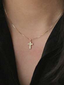 1pc Unique & Classic S925 Sterling Silver Necklace With Glossy Cross Pendant For Women, Gift For Daily Wear - Gold - View 4