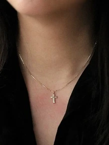 1pc Unique & Classic S925 Sterling Silver Necklace With Glossy Cross Pendant For Women, Gift For Daily Wear - Gold - View 5