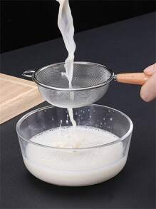 日式304不銹鋼木柄漏勺多功能過濾茶葉、麵粉、豆漿、湯渣、炸油渣、榨汁，1入組 - 銀色 - 查看 3