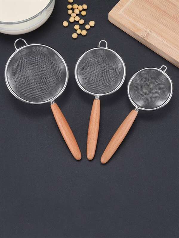 Japanese Style 304 Stainless Steel Wooden Handle Colander With Multi Functions For Filtering Tea Leaves, Flour, Soybean Milk Residue, Soup Residue, Fried Oil Residue, And Making Juice, 1pc