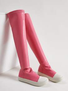 厚底弹力过膝长靴，时尚修身过膝长靴，休闲粉色运动靴 - 粉色 - 查看 2